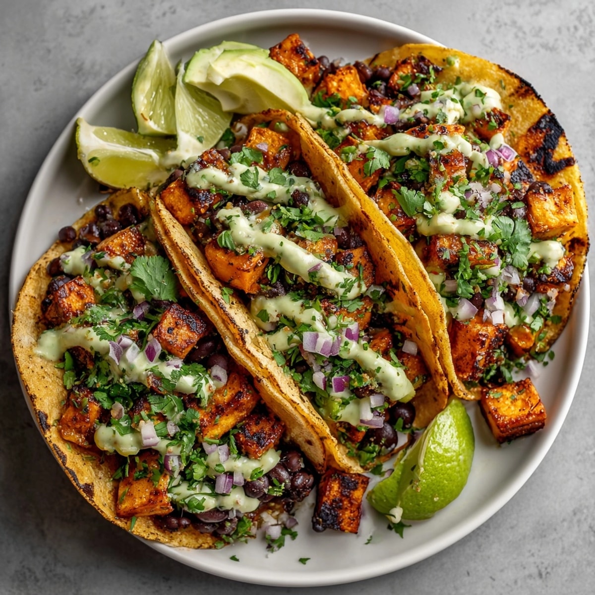 Chipotle-Lime Sweet Potato & Black Bean Tacos with avocado crema on warm corn tortillas, garnished with cilantro.