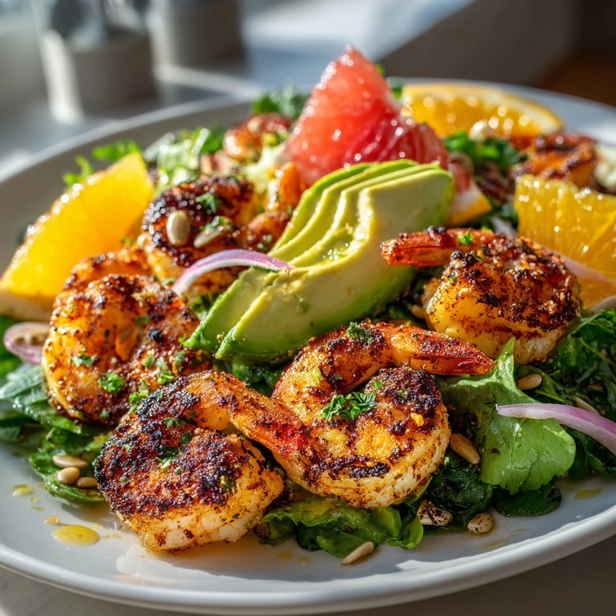 California Avocado Citrus Salad with Grilled Shrimp displayed on a bed of crisp mixed greens