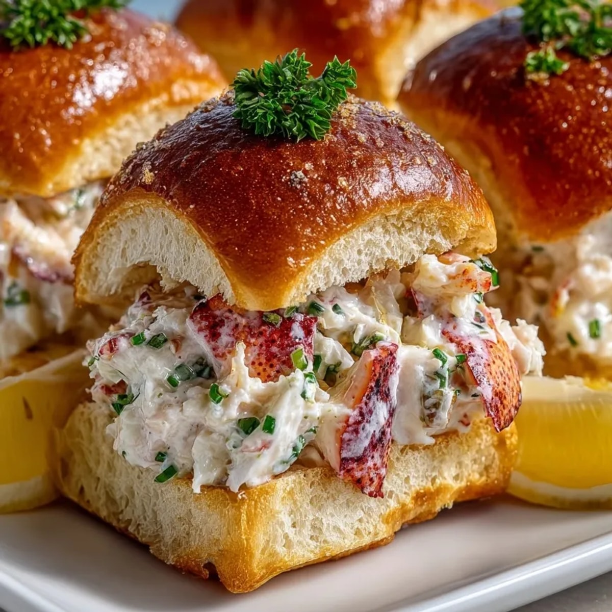 Lobster Roll Sliders with Lemon-Herb Aioli arranged on a platter with fresh lemon wedges for serving.
