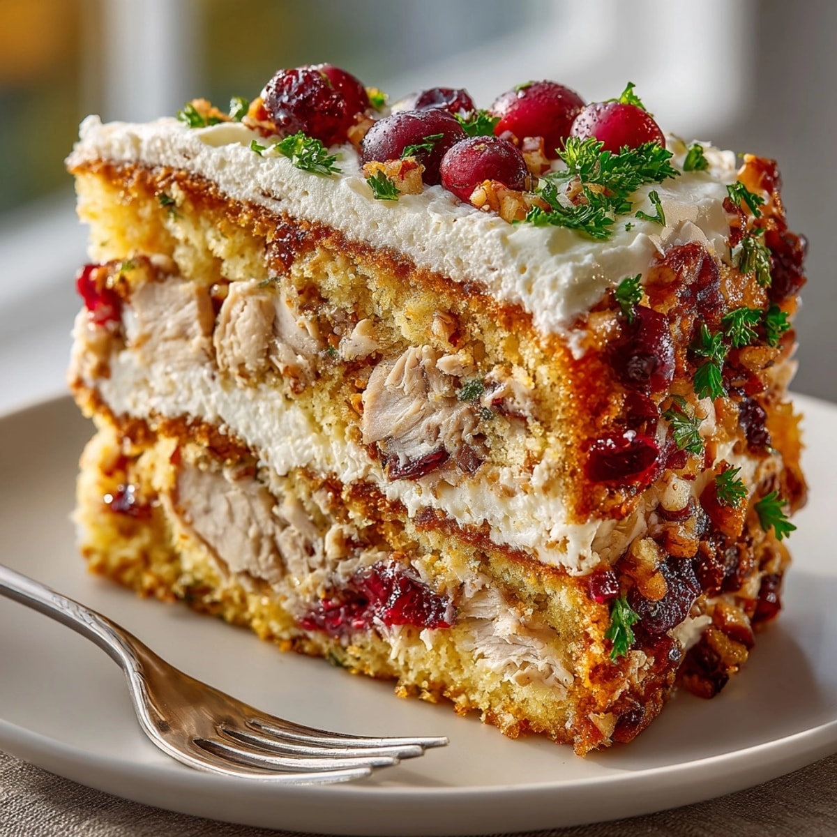 Chaos Cake Thanksgiving Turkey Disaster with Cranberry Swirls sliced on a plate, showing moist cake and vibrant cranberry ribbons.