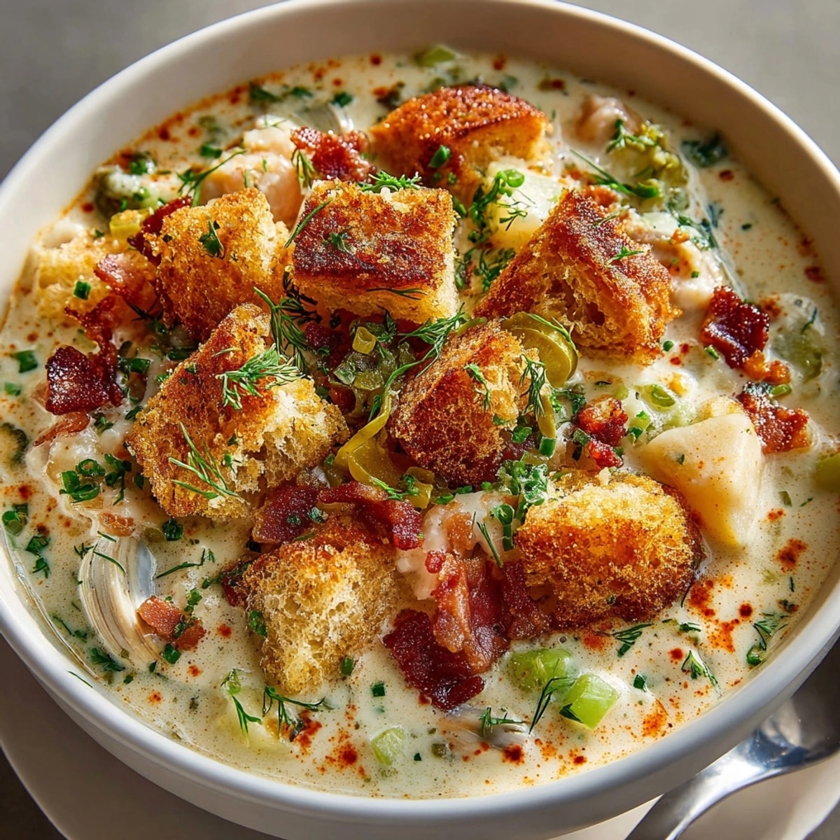 Steamy bowl of Pickle-Fix Buffalo Clam Chowder with Dill Croutons served hot and rustic.