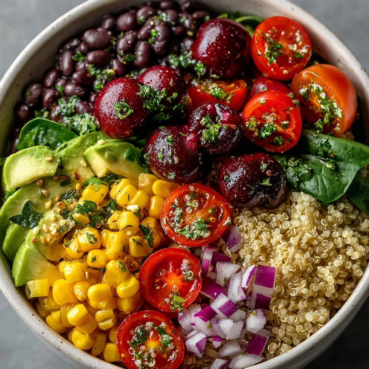 Cherry-Coded Southwest Quinoa Power Bowl with Pomegranate bursting with vibrant veggies, juicy cherries, and fresh cilantro garnish.
