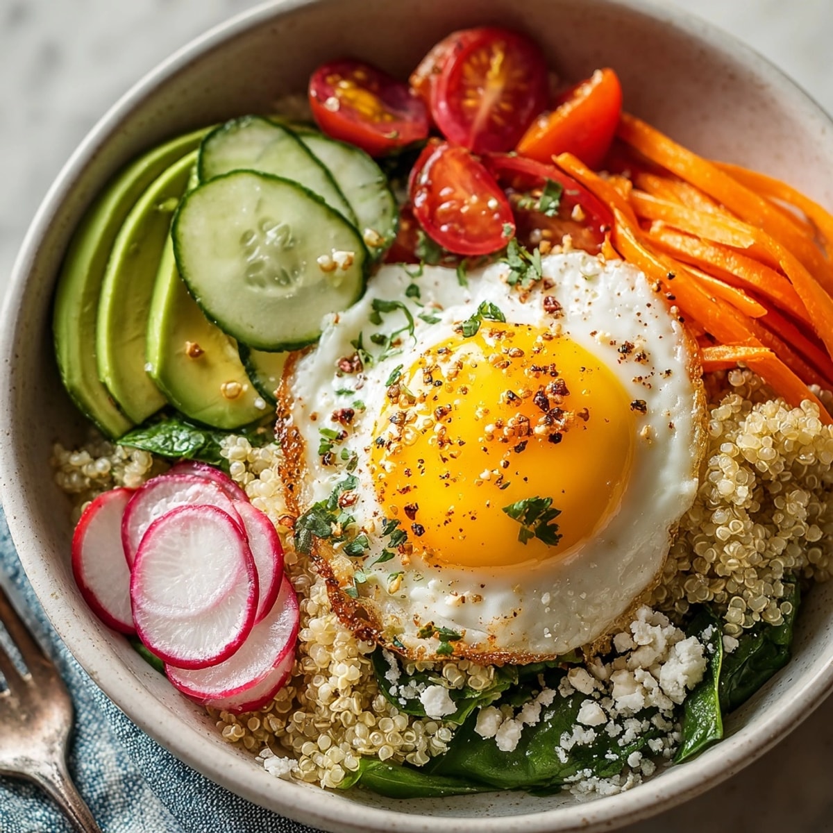 West Coast Avocado Toast Breakfast Bowl with Everything Seasoning topped with vibrant vegetables and soft-cooked egg.
