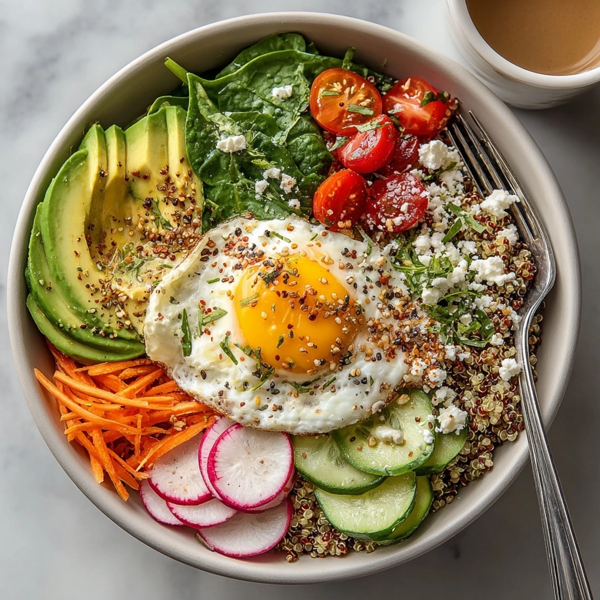Hearty West Coast Avocado Toast Breakfast Bowl served warm with quinoa, fresh veggies, and a sunny-side-up egg.