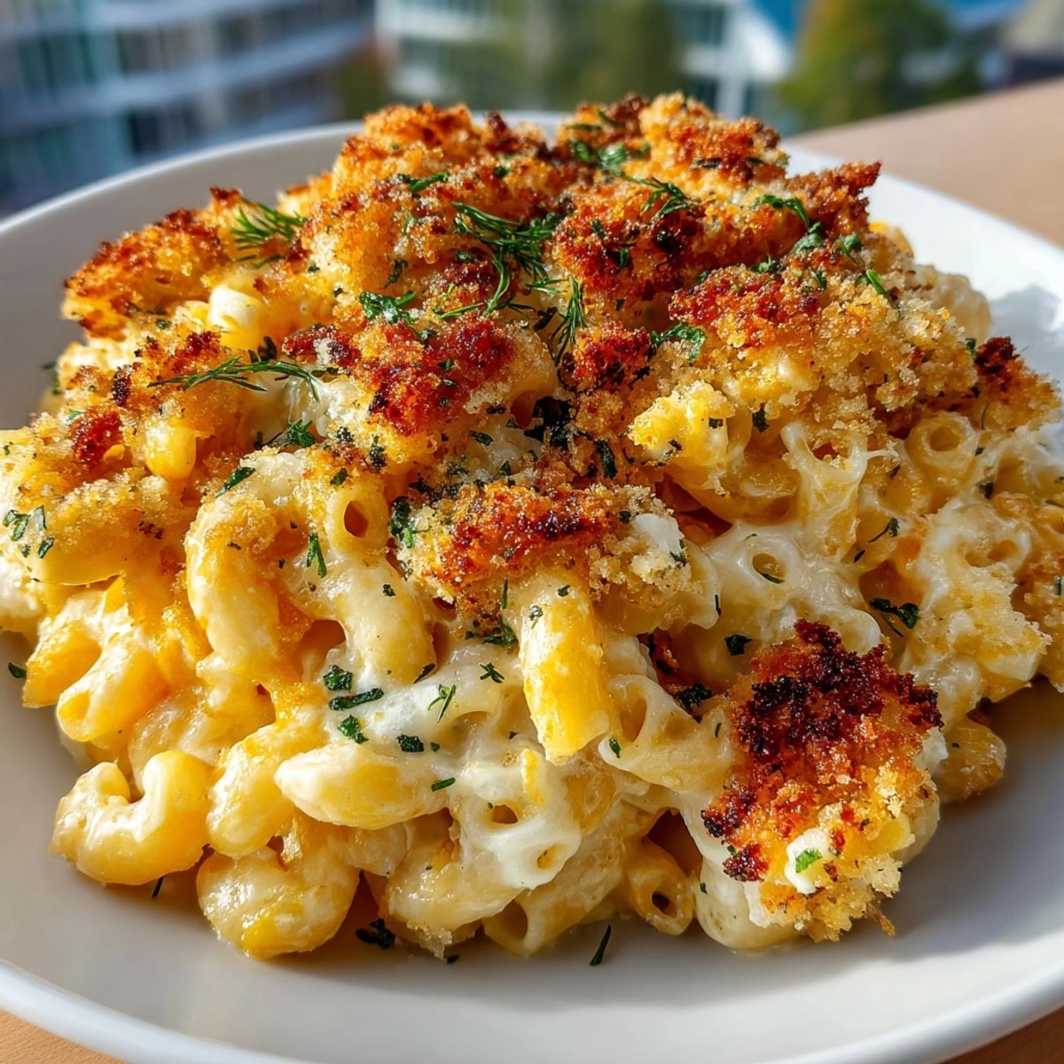 Midwest Casserole Mac and Cheese with Pickle Crumble fresh from the oven, bubbling with a golden crust.