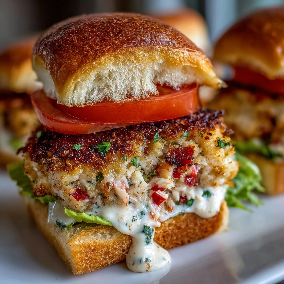 East Coast Crab Cake Sliders with Old Bay Chaos Sauce on fluffy buns, shimmering with creamy drizzle.
