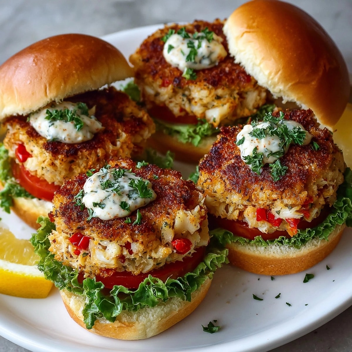 Juicy East Coast Crab Cake Sliders stacked on soft rolls, tangy Old Bay Chaos Sauce shining on top.