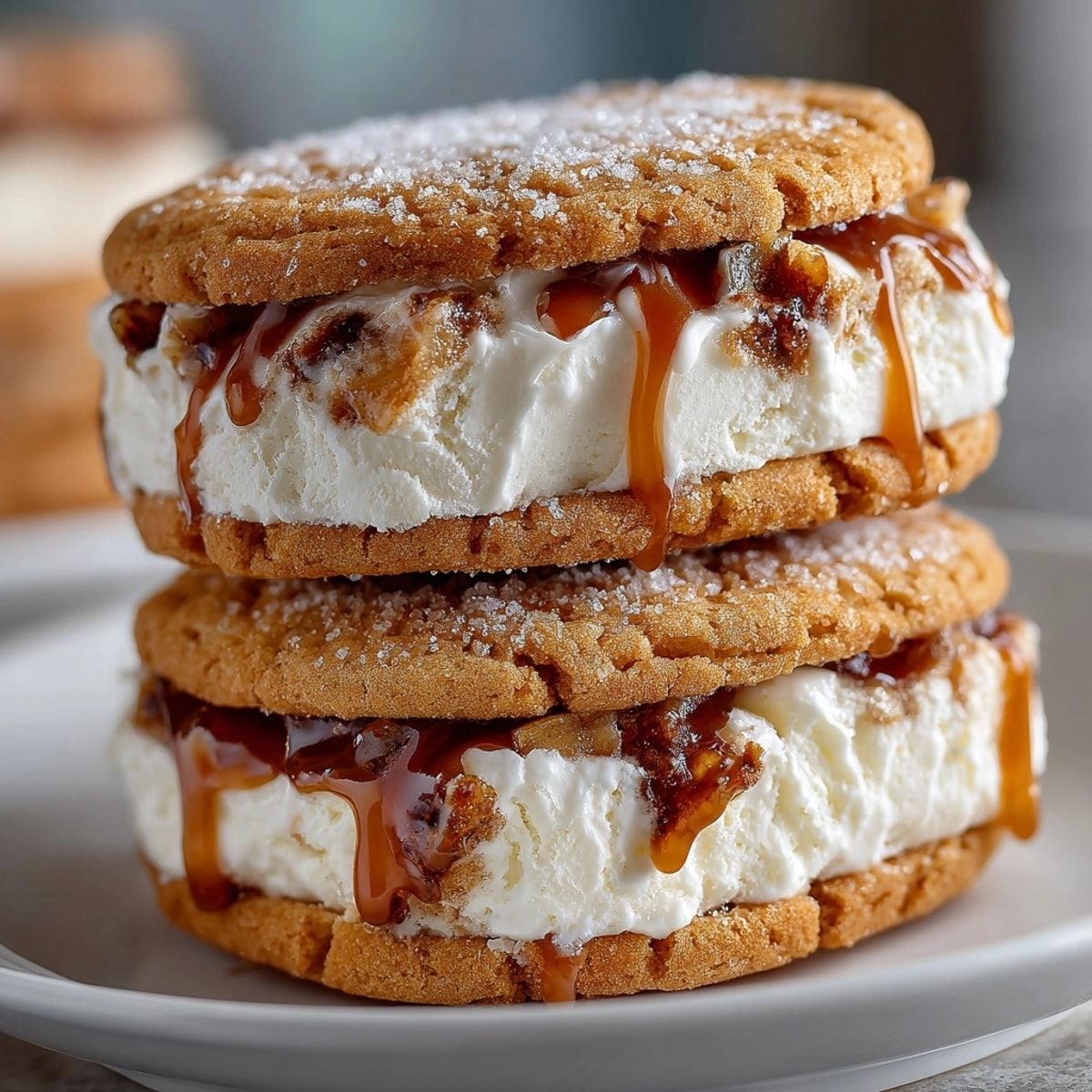 All-American Apple Pie Rebel Float Ice Cream Sandwiches stacked on a plate, showing creamy swirls and gooey apples.