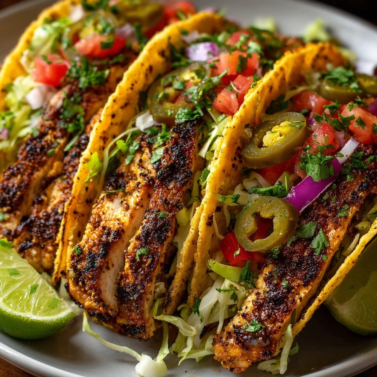 Southwest Spice Pickle Margarita Chicken Tacos piled high in warm tortillas with fresh toppings.