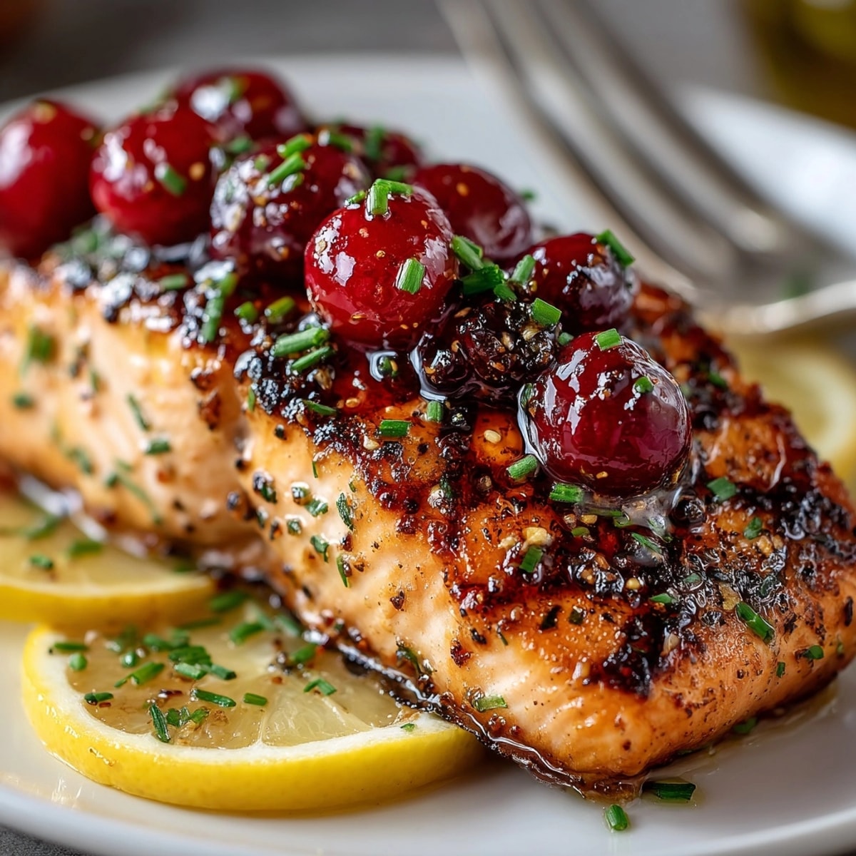 West Coast Cedar Plank Salmon with Cherry Glaze glistening atop cedar, garnished with fresh herbs.