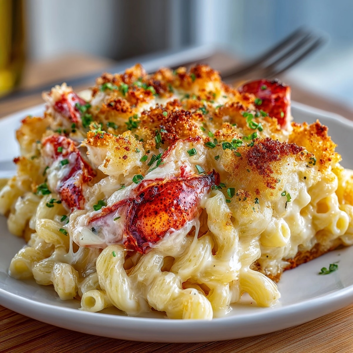 East Coast Lobster Roll Mac and Cheese Bake bubbling with golden, cheesy crust on top.
