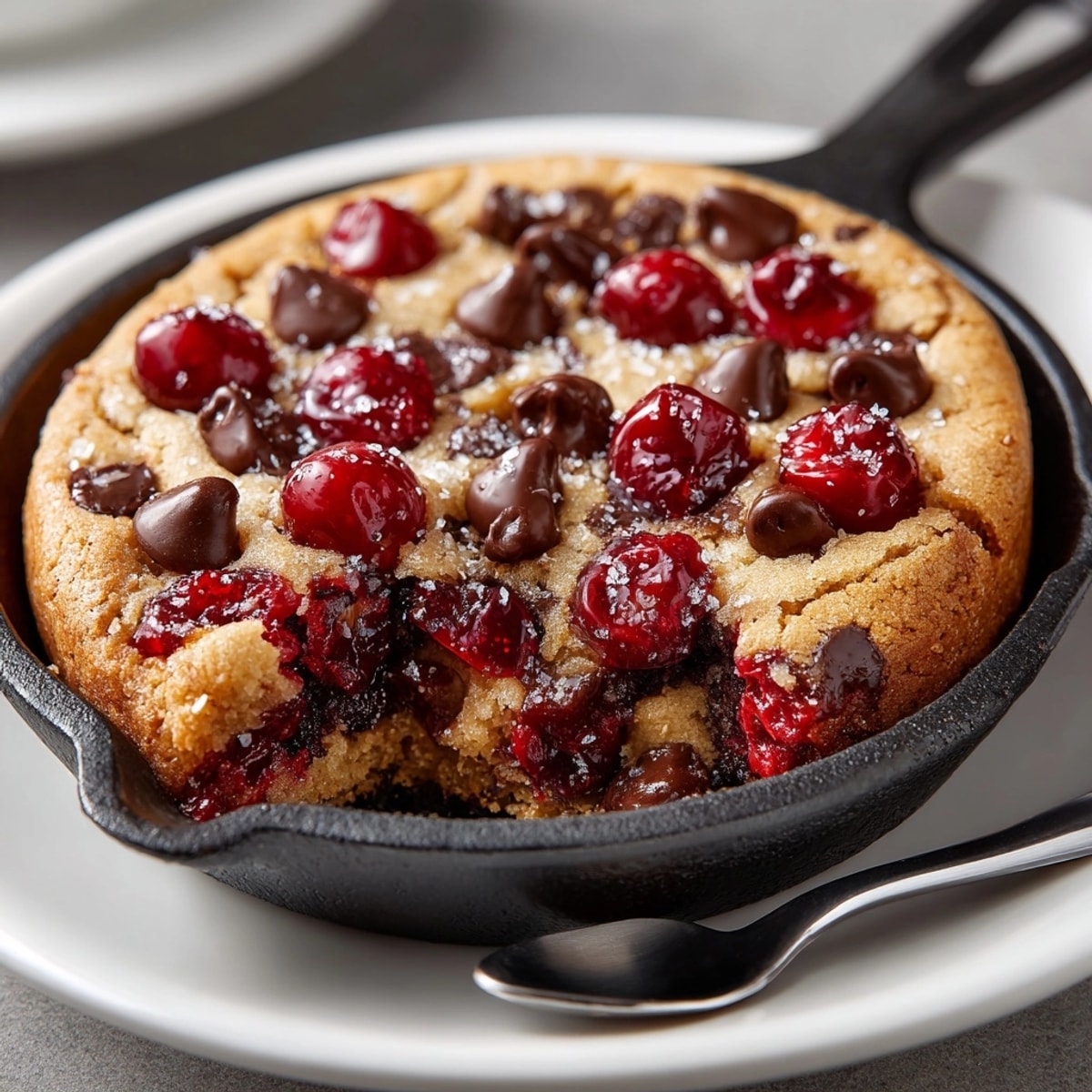 All-American Cherry-Coded Chocolate Chip Cookie Skillet freshly baked in a cast iron pan, chocolate chips glistening.
