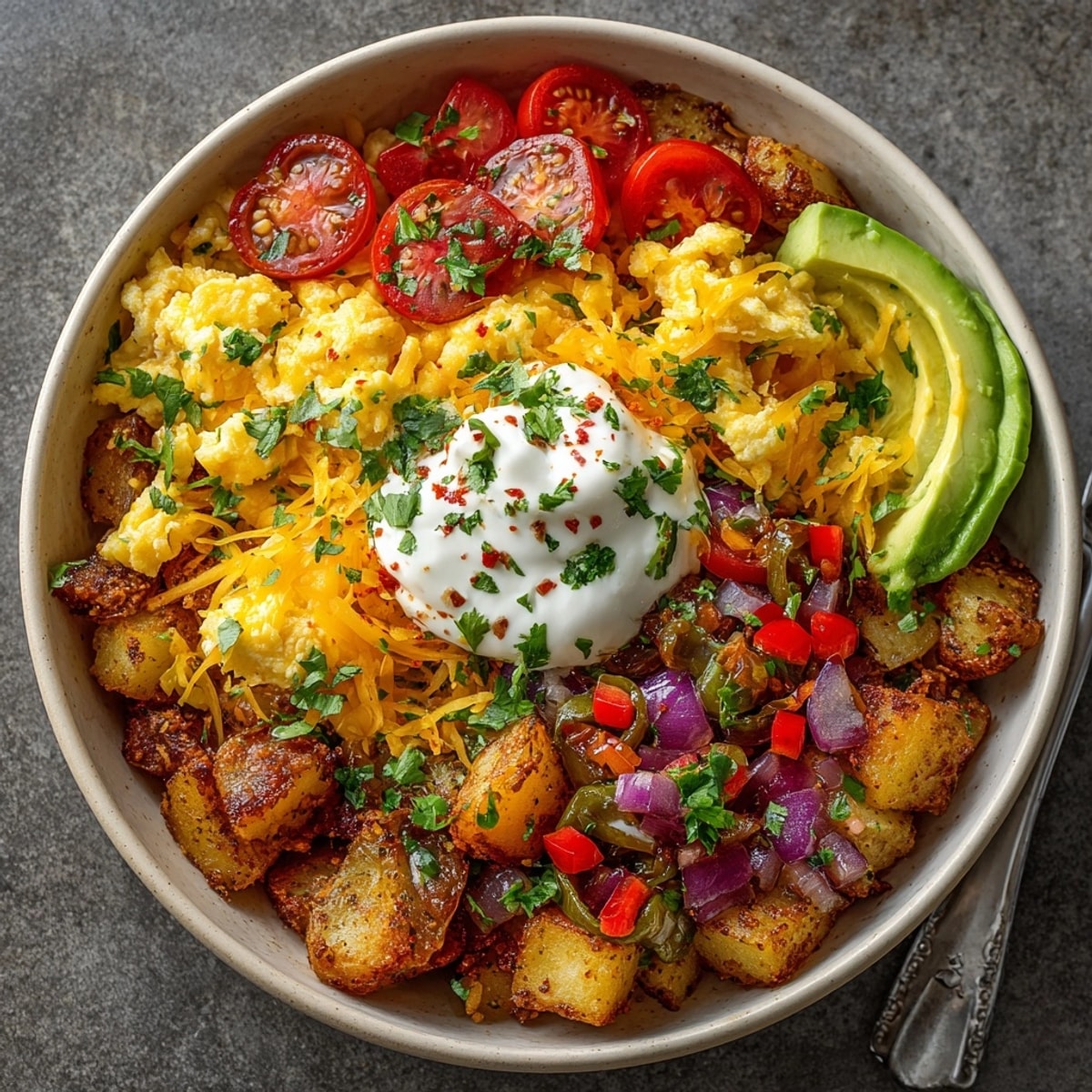 Southwest Spice Green Chile Breakfast Burrito Bowl with melted cheese, creamy avocado, and vibrant roasted veggies served fresh.