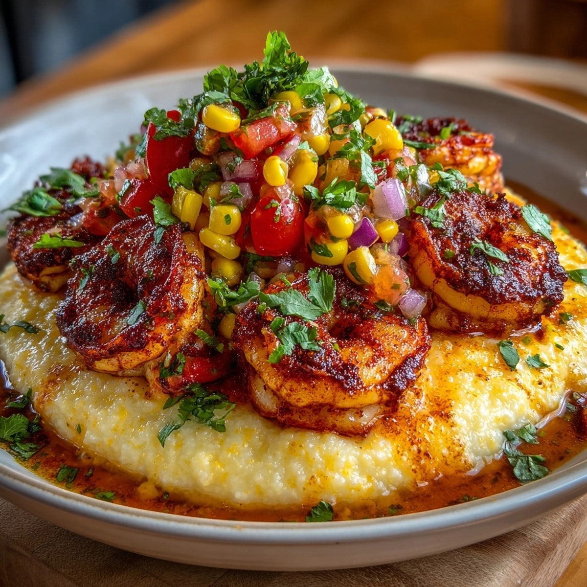 Southern Comfort Shrimp and Grits with Chaos Corn Salsa plated with vibrant colors and creamy textures