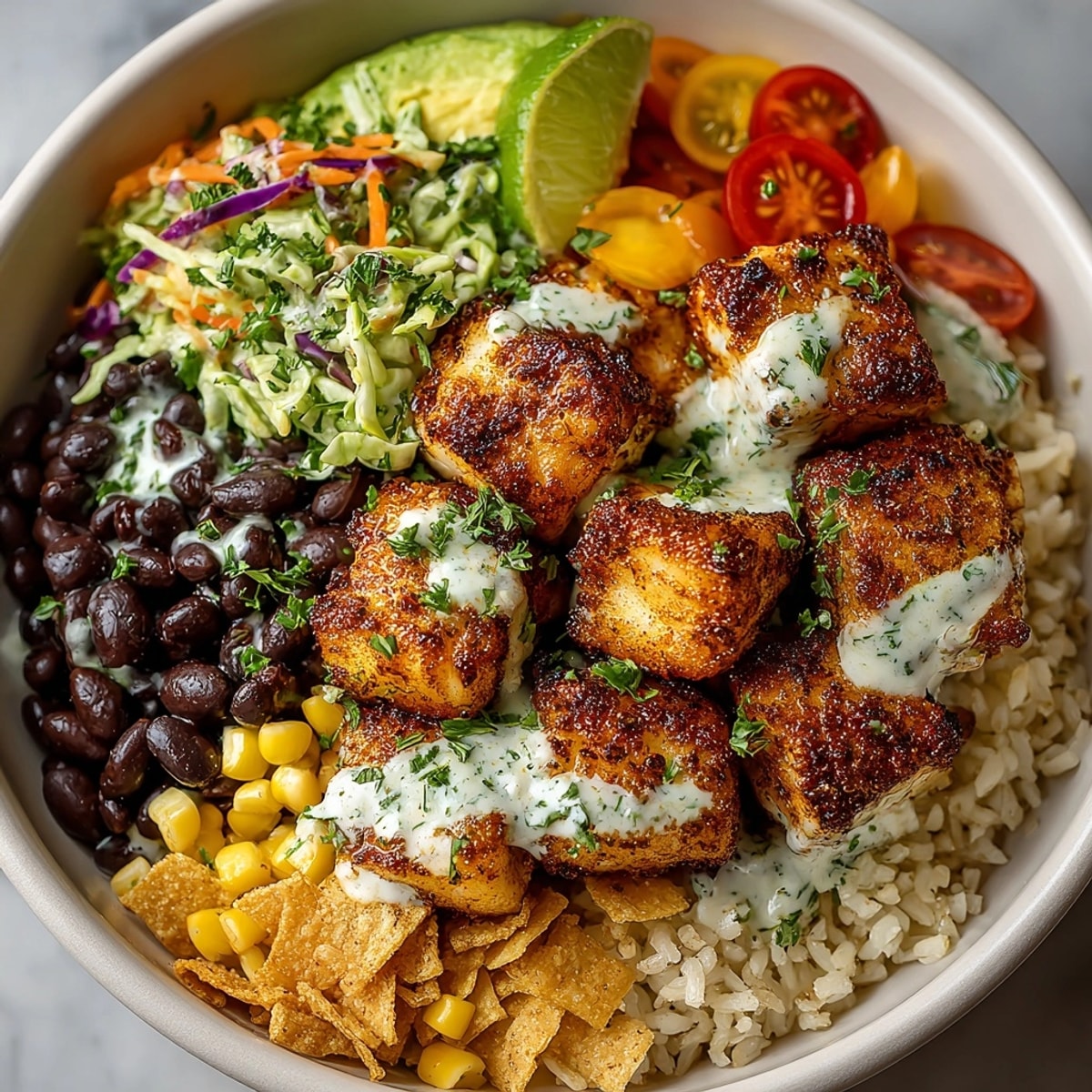 West Coast Fish Taco Buddha Bowl with Rebel Ranch, showcasing golden fish, colorful slaw, and creamy dressing.