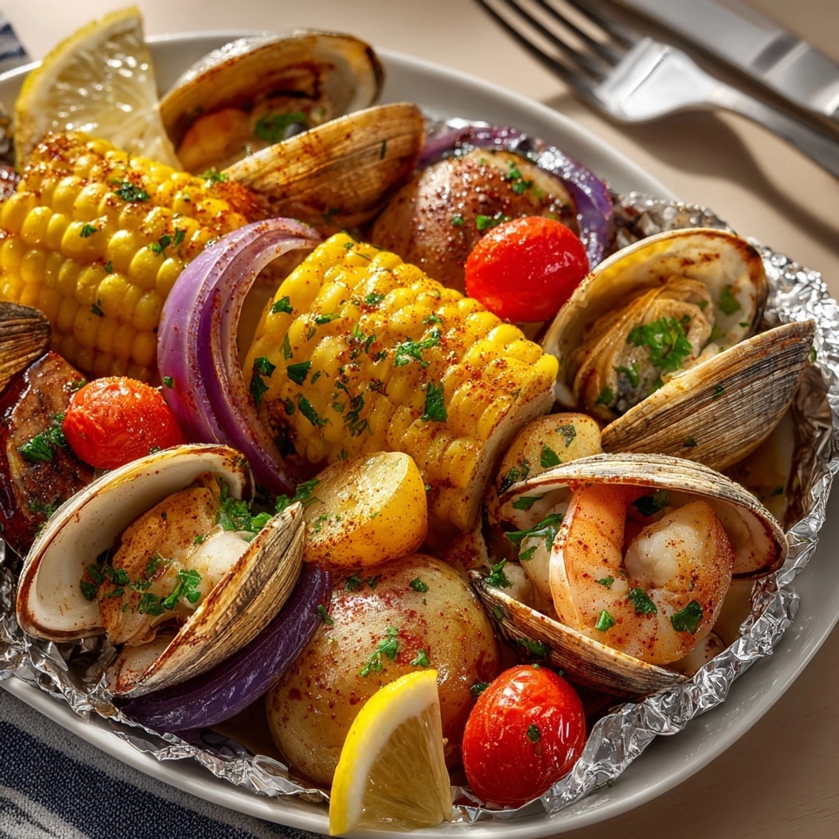 East Coast Clam Bake Foil Packets with Cherry Tomatoes steaming fresh on a rustic grill picnic table.