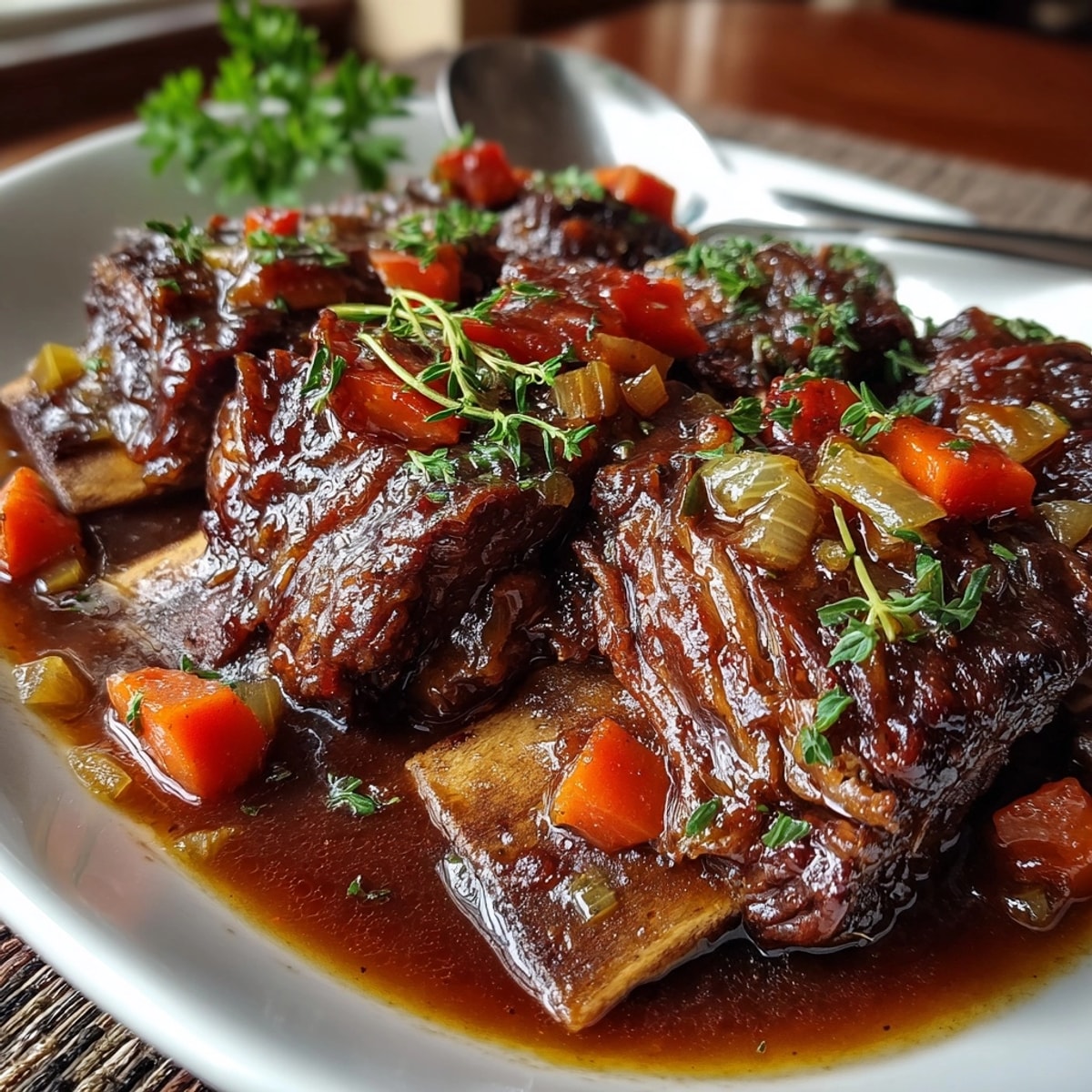Rebel Float Root Beer Braised Short Ribs plated with rich sauce and fresh parsley garnish.