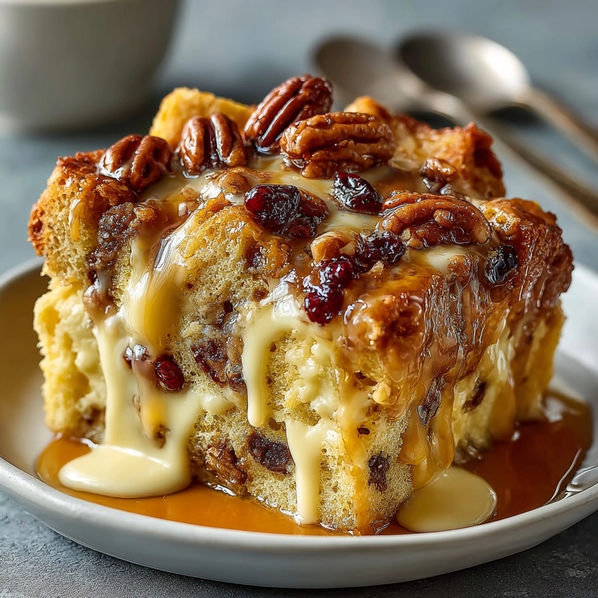 Southern Comfort Chaos Cake Biscuit Bread Pudding with golden crust, warm custard, and whiskey sauce.