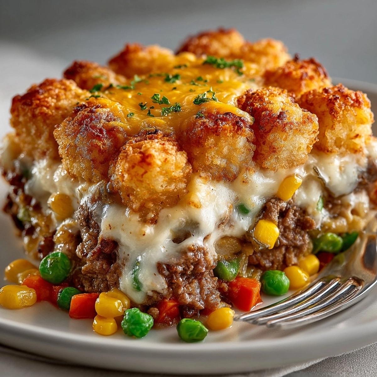 Golden Midwest Tater Tot Pickle Hotdish with crispy tots, cheddar cheese, and a bubbling filling.