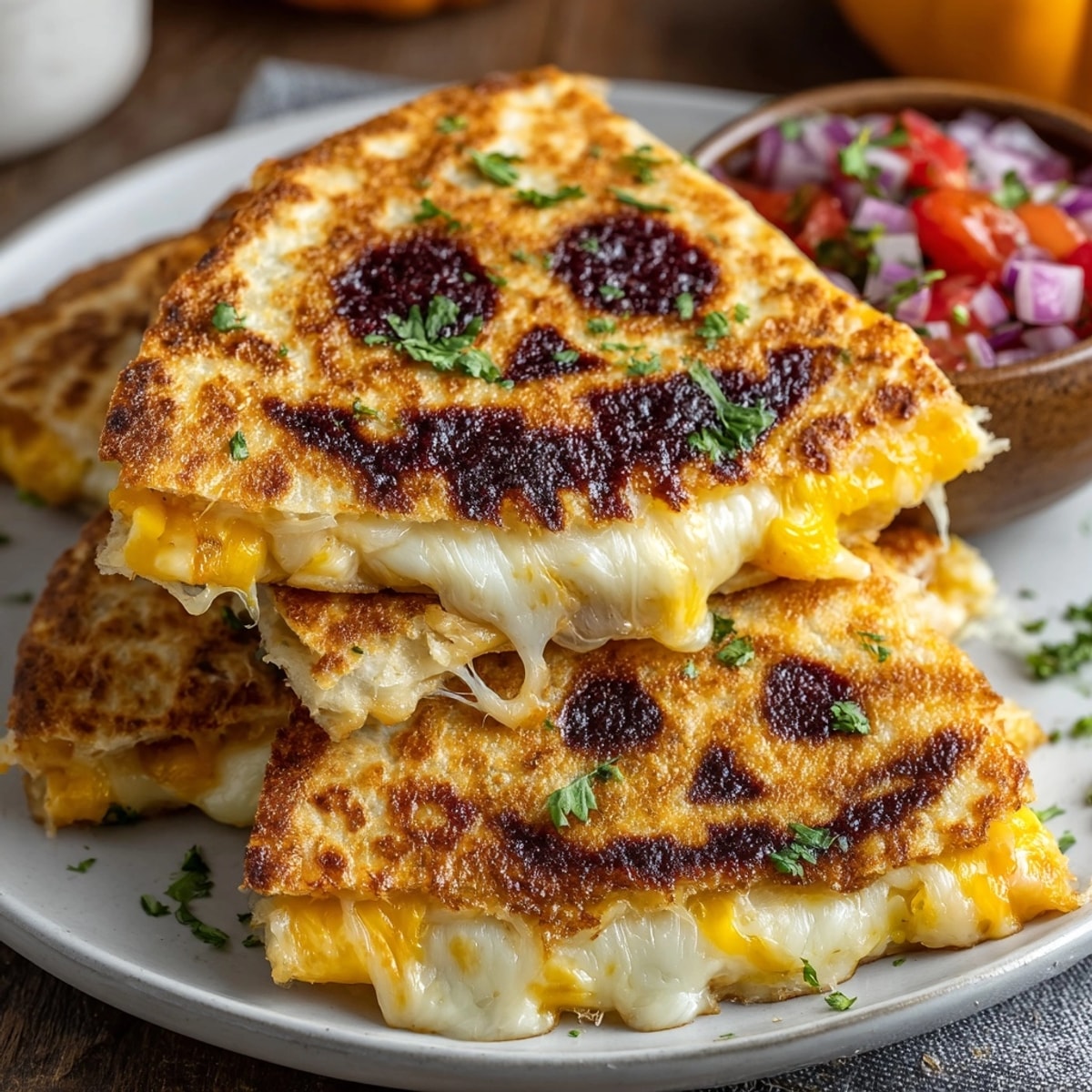 Smiling jack-o'-lantern quesadillas oozing melty cheese next to vibrant smoky pumpkin salsa.