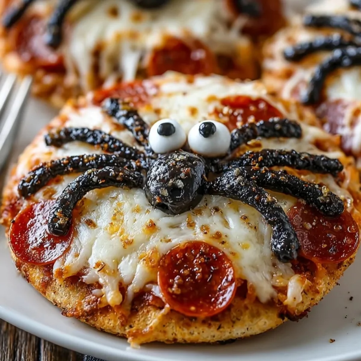 Spooky Olive-Spider Mini Pizzas: warm, cheesy mini pizzas with clever olive spiders ready to devour.