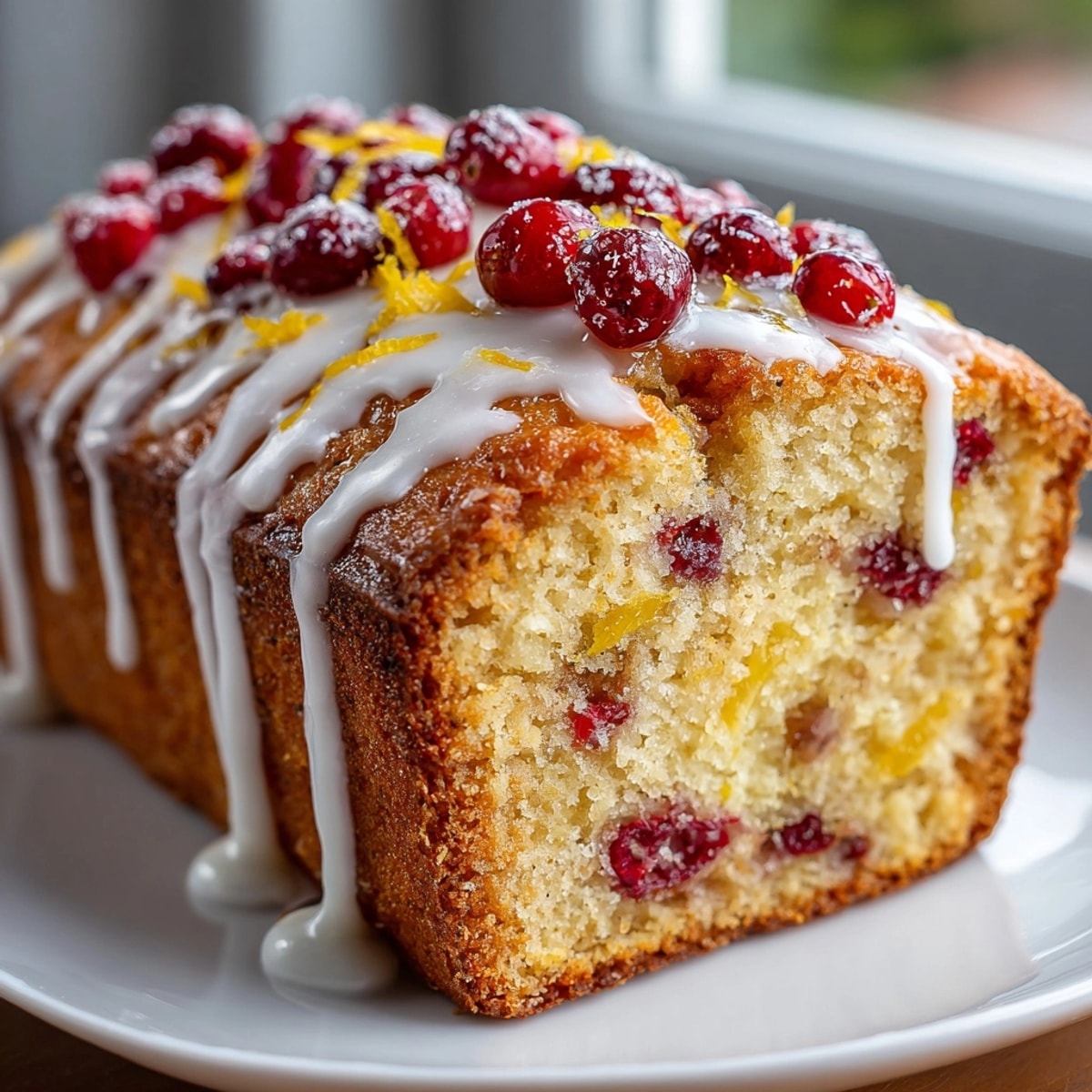 Moist cranberry orange loaf with vanilla glaze, a holiday baking favorite, ready to slice.