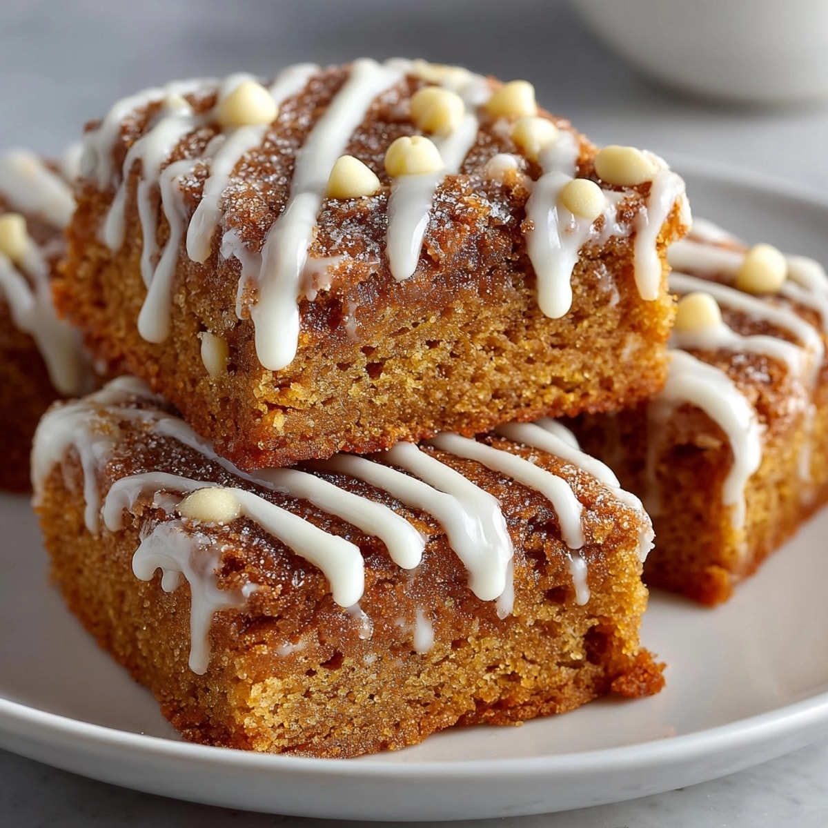 Golden Swedish Ginger Snap Cookie Bars drizzled attractively with melted white chocolate, ready to serve.