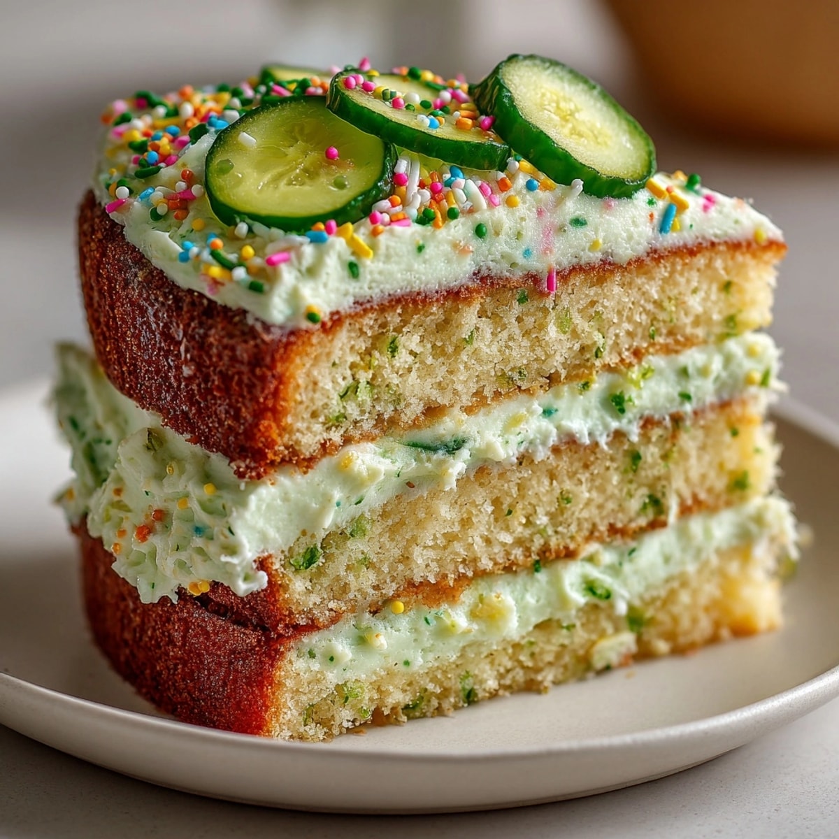 Creamy green pickle buttercream frosting tops this unique Pickle Buttercream Birthday Cake, ready to serve.