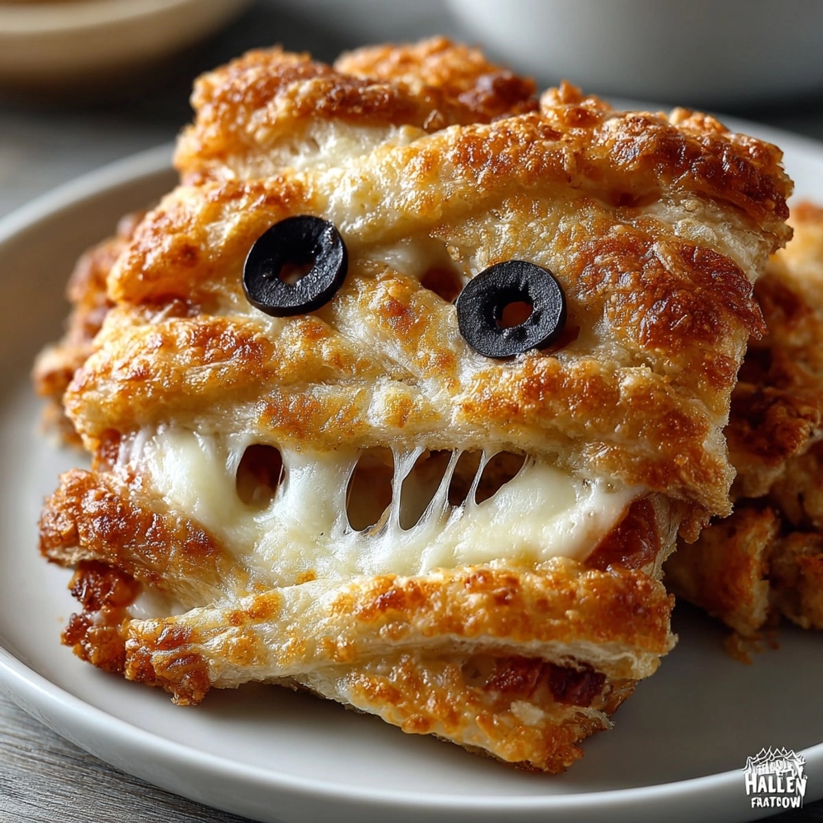 Golden-brown Halloween Grilled Cheese Mummy Wraps, with melted cheese "eyes" and crispy pastry, ready to eat.