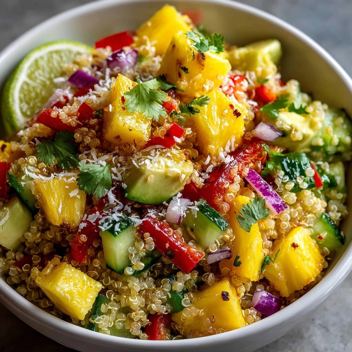 Vibrant Tropical Quinoa Bowl, bursting with colorful fruits, fresh veggies, and tangy lime dressing.