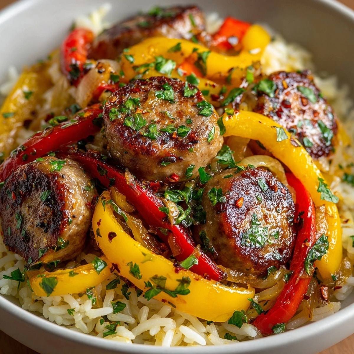 Sausage and Peppers with Rice, a colorful Italian-American dish with tender peppers and savory sausage.