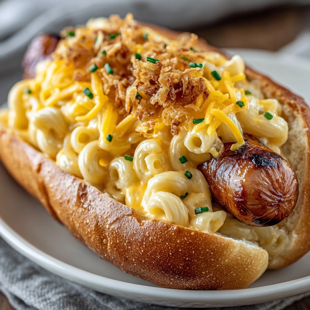 Mac and Cheese Stuffed Hot Dogs: a close-up of cheesy, baked hot dogs with optional toppings.