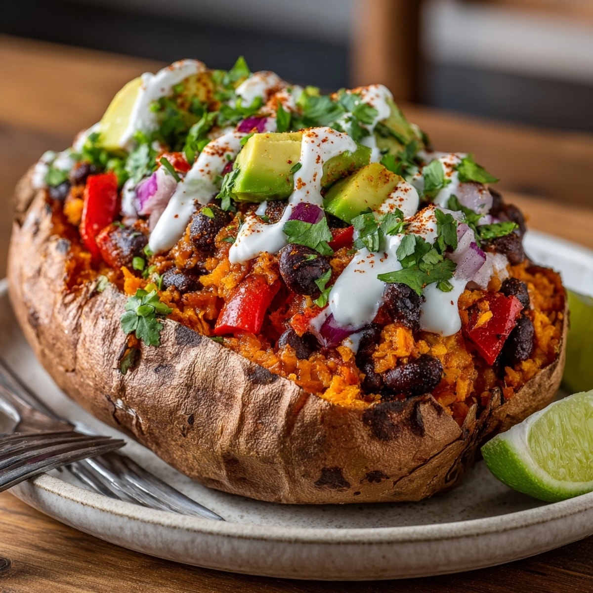 Golden baked sweet potato boats overflowing with savory black beans for a hearty meal.