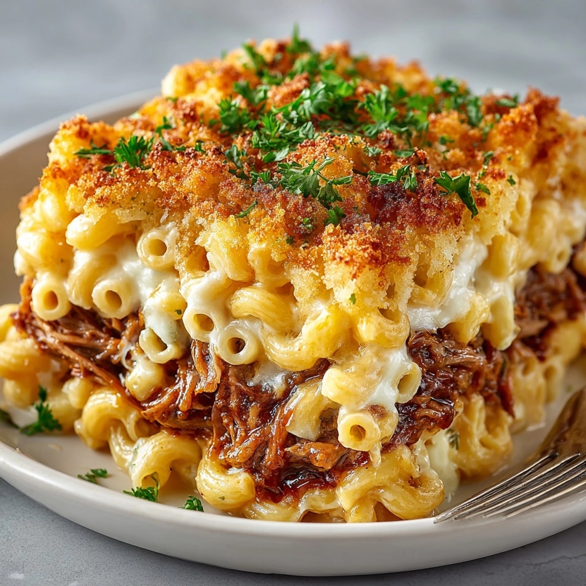 Golden-brown BBQ pulled pork mac and cheese bubbling in a baking dish, ready to serve.