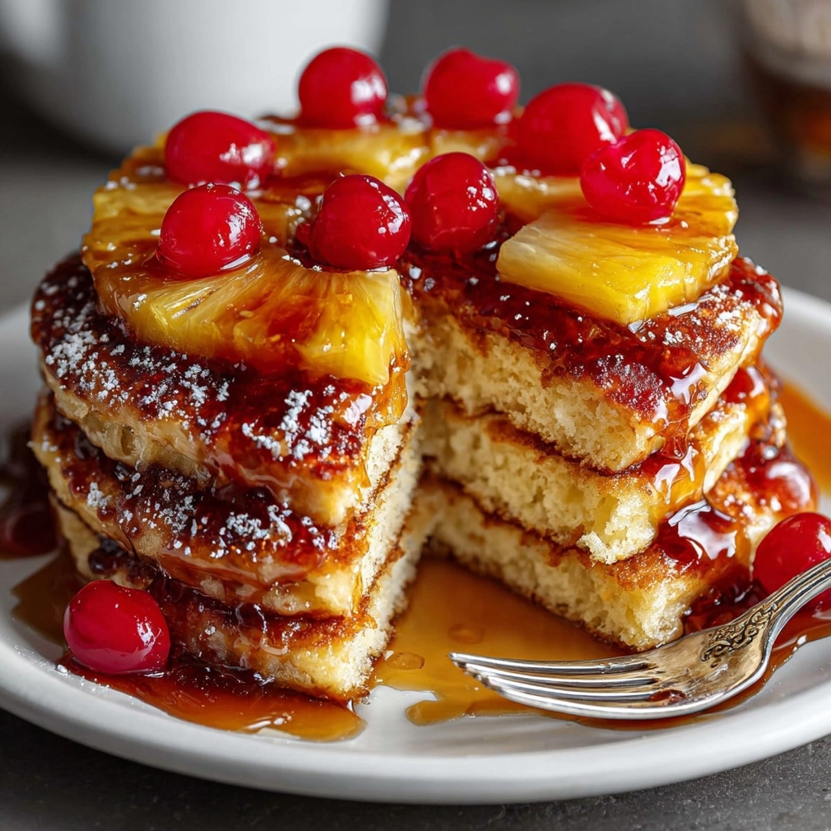 Golden Pineapple Upside Down Pancakes with caramelized pineapple rings, perfect for a weekend breakfast.