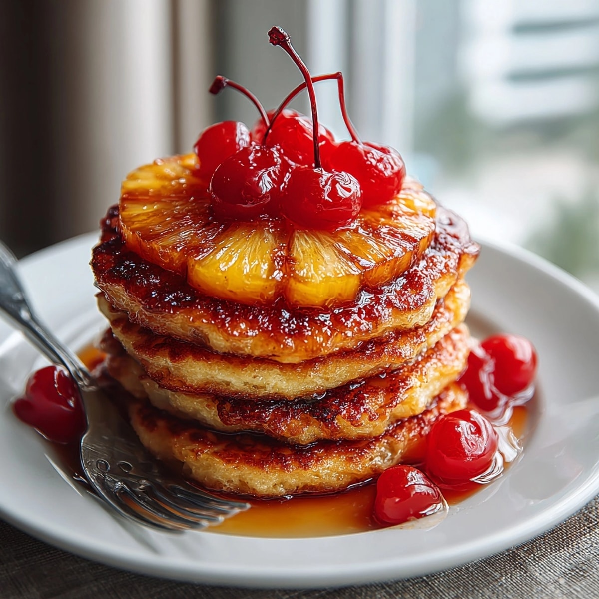 Sweet and tangy Pineapple Upside Down Pancakes, topped with a cherry, ready to be devoured.