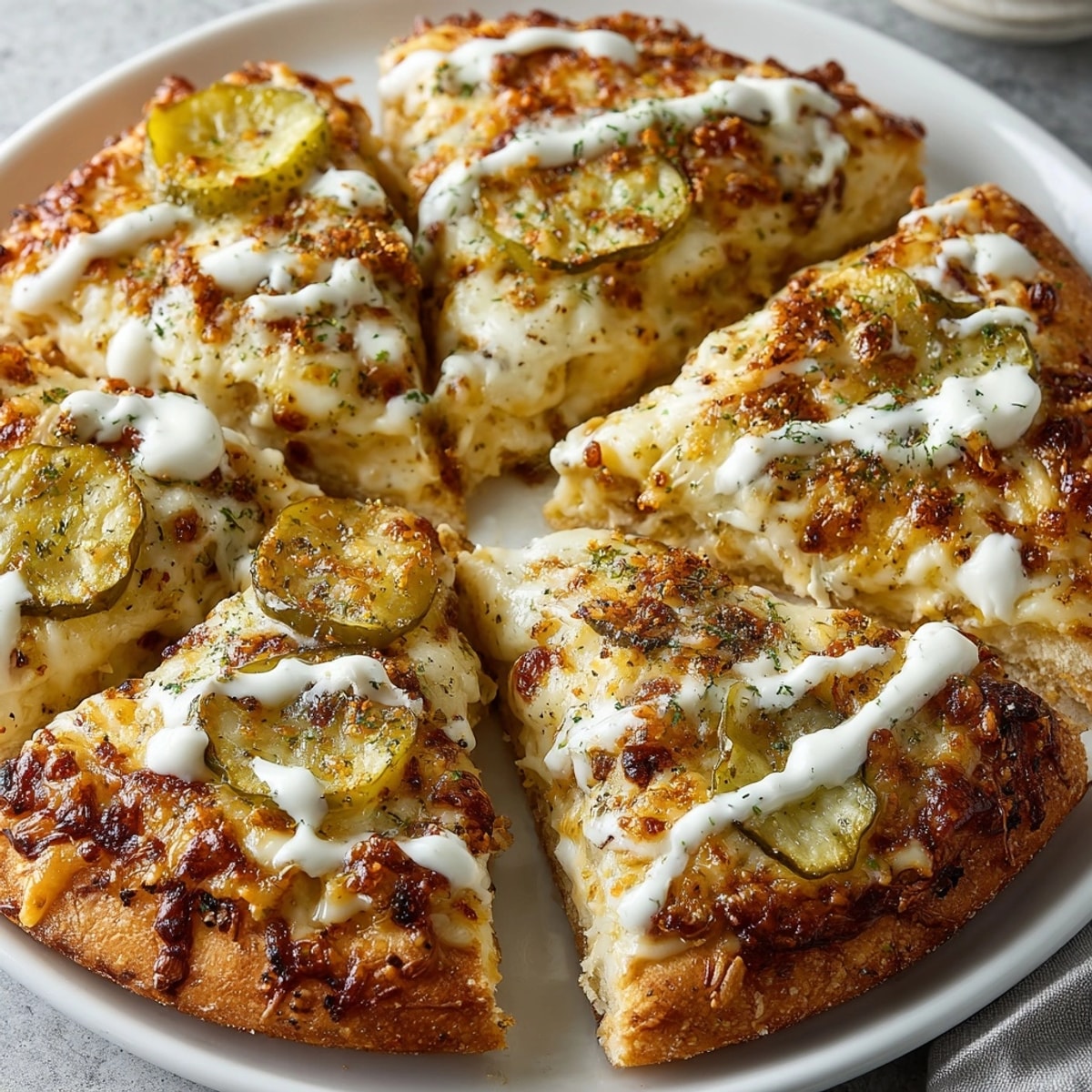 Pickle pizza with golden crust, melted cheese, and tangy pickle slices before cutting.