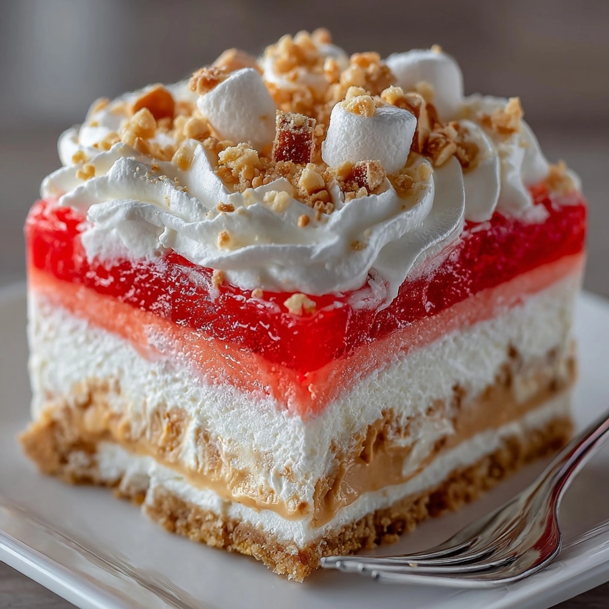 Peanut Butter Jello Salad served chilled in a glass dish with crunchy peanuts and marshmallows.