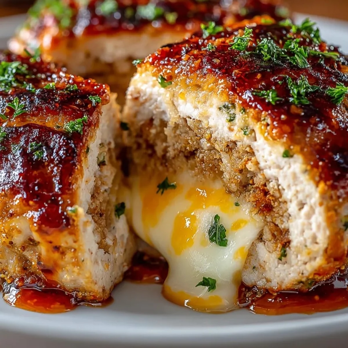 Freshly baked stuffed cheese chicken meatloaf sliced to reveal melty cheese center and golden crust.