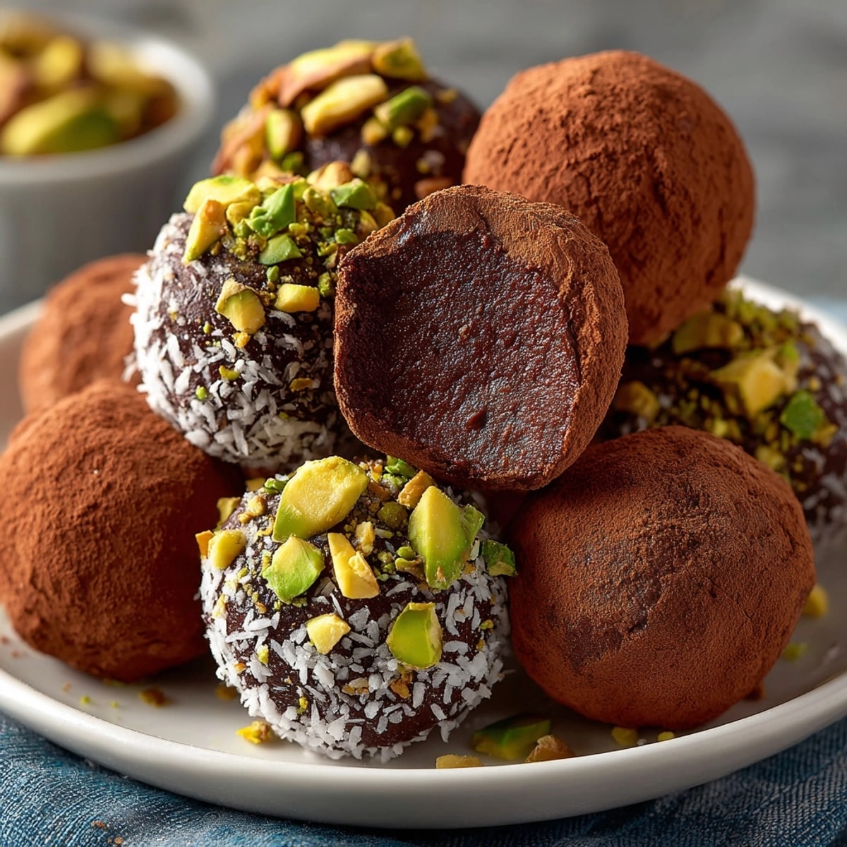 Avocado Chocolate Truffle Bites arranged on a tray, dusted with cocoa powder and coconut.
