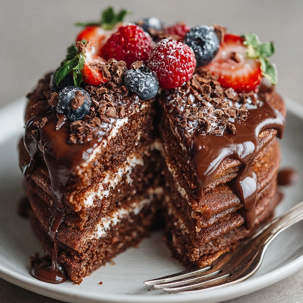 Stack of chocolate hazelnut protein pancakes on a plate, topped with Nutella and fresh berries.