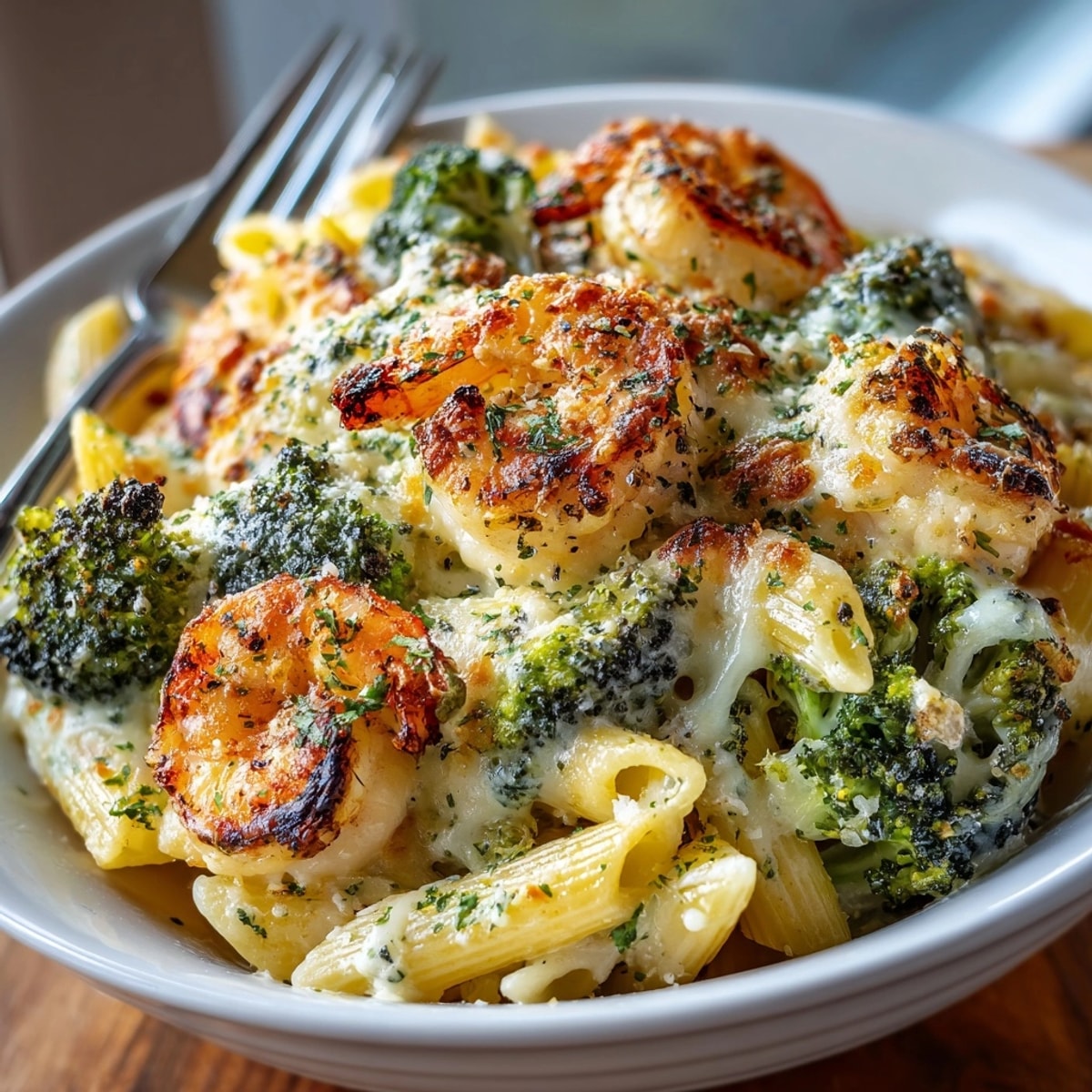 Golden, cheesy Shrimp and Broccoli Alfredo Bake casserole fresh from the oven, bubbling with creamy sauce.