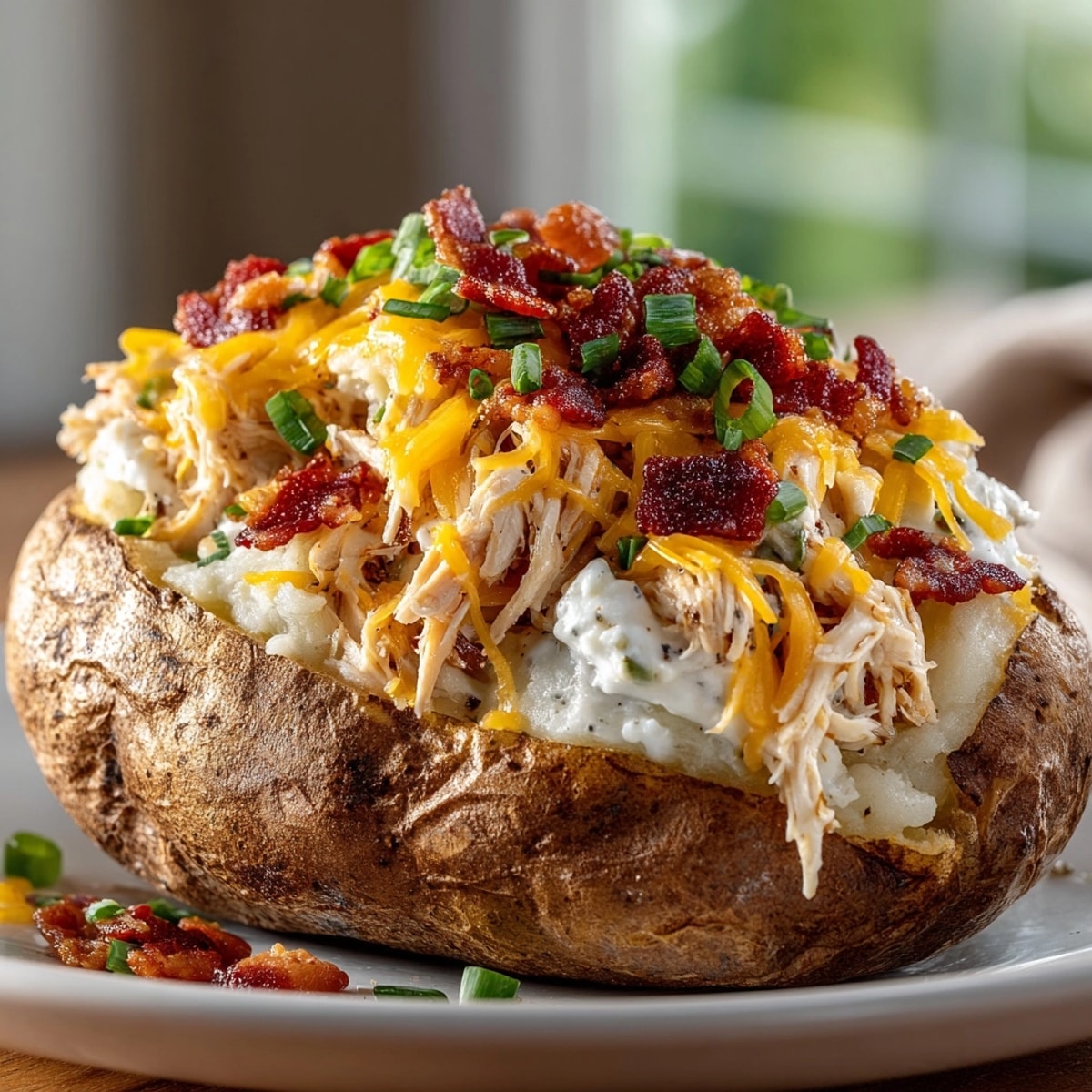 Baked Cheesy Chicken Bacon Ranch Stuffed Potatoes served hot, oozing cheese and creamy ranch flavor.