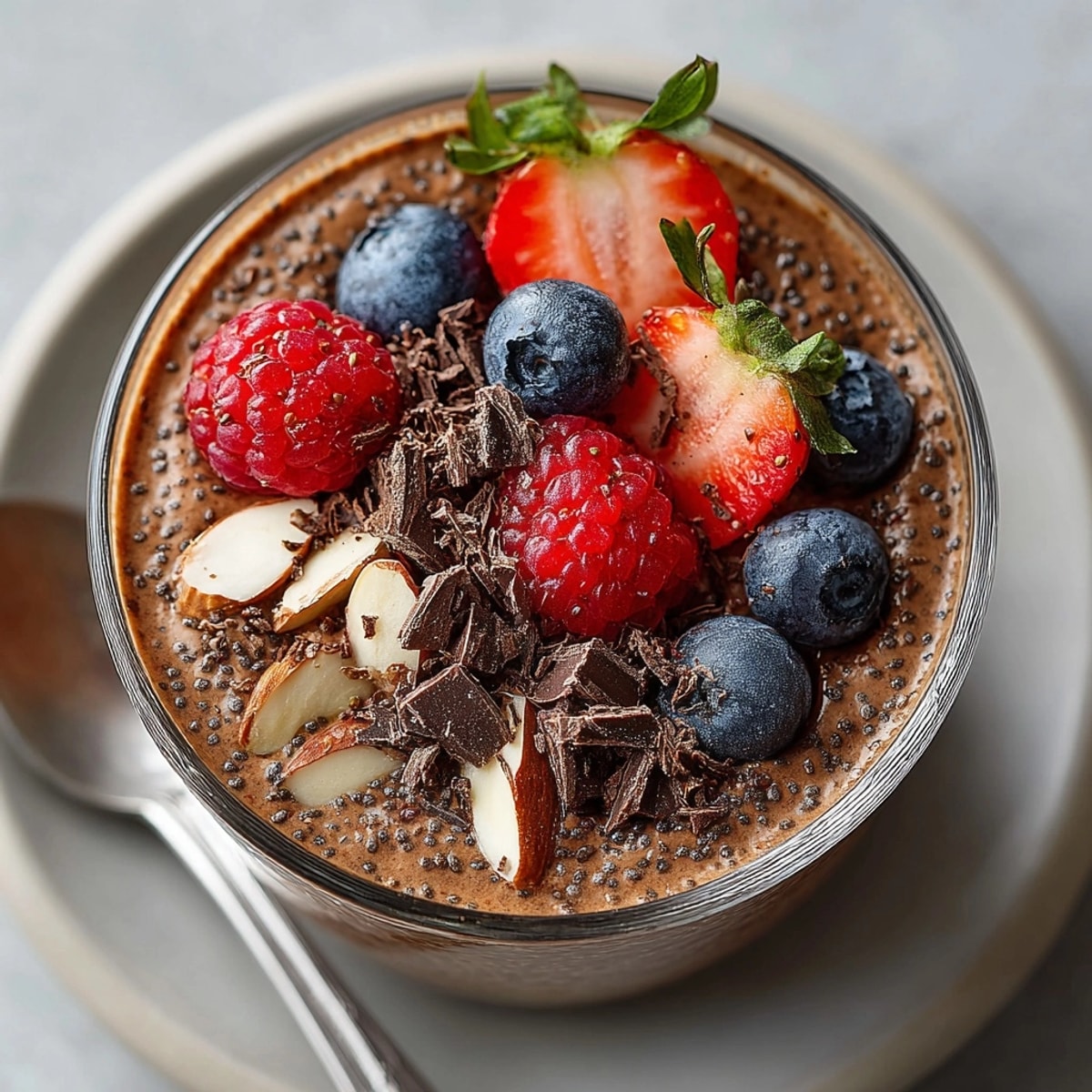 Protein-Packed Chocolate Chia Pudding topped with fresh berries and dark chocolate shavings in glass jars