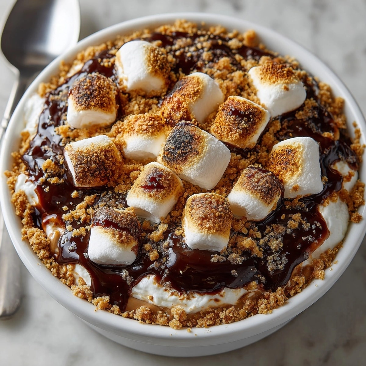 Peanut Butter S'mores Dip with Graham Cracker Crumbles served warm, gooey, and golden brown