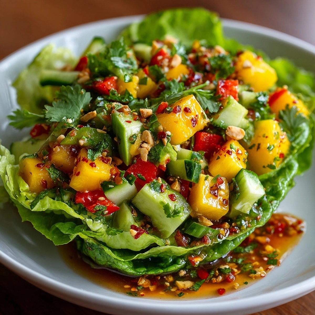 Thai Mango Avocado Salad Cups served in crisp lettuce leaves, topped with fresh cilantro and peanuts