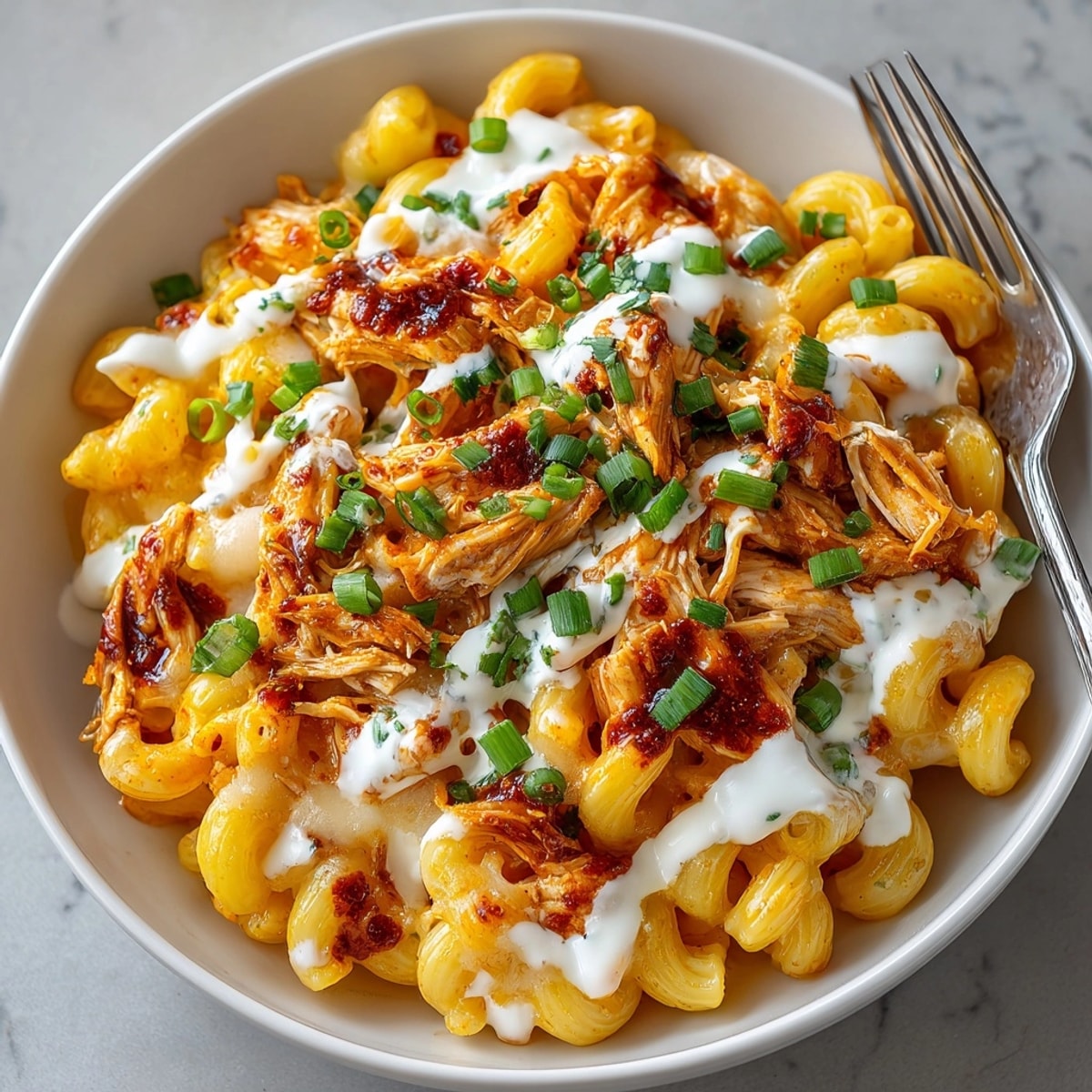 Buffalo chicken pasta with ranch drizzle baked golden, creamy and topped with fresh green onions.