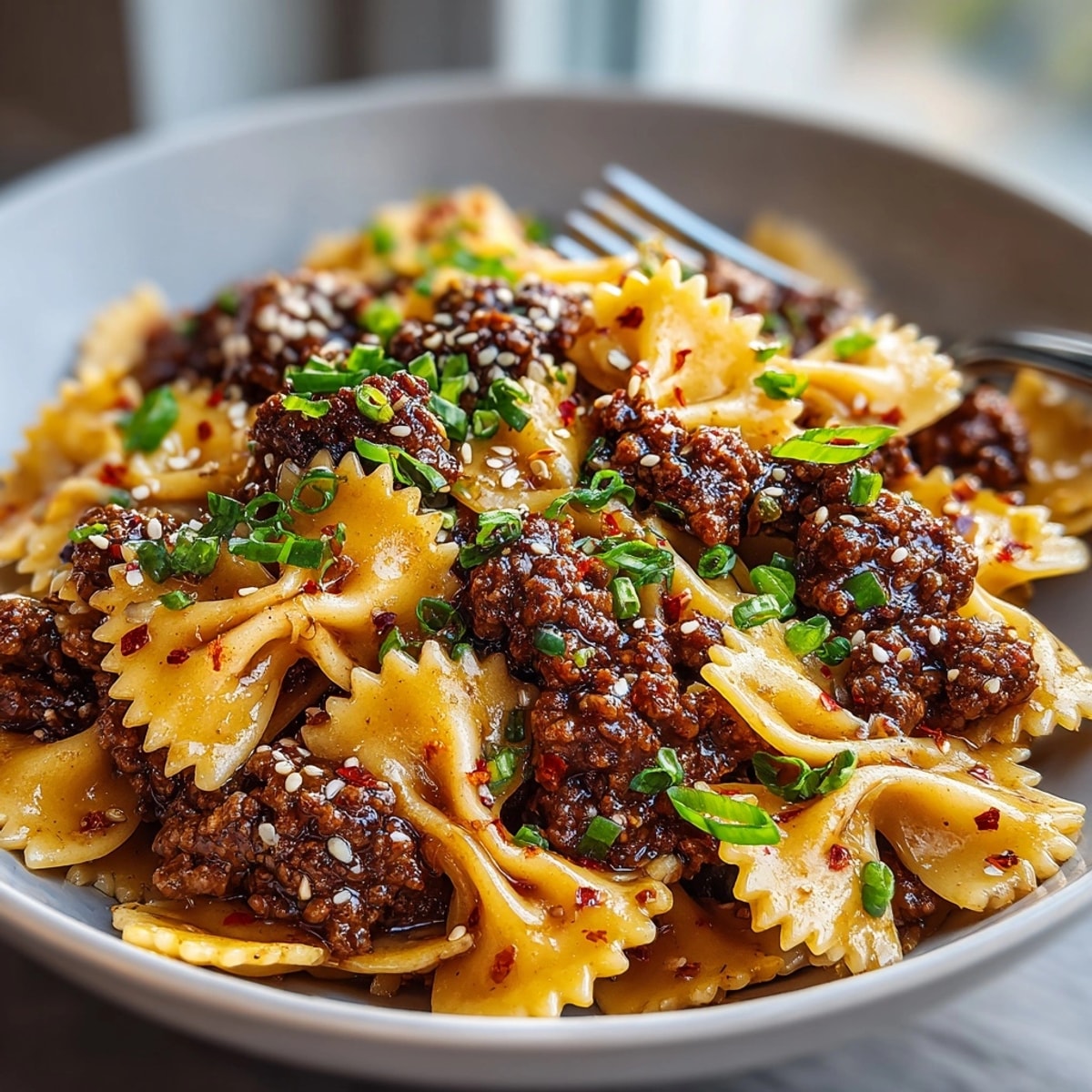 Korean BBQ Beef Bowtie Pasta glistening with savory sauce, topped with green onions and sesame seeds.