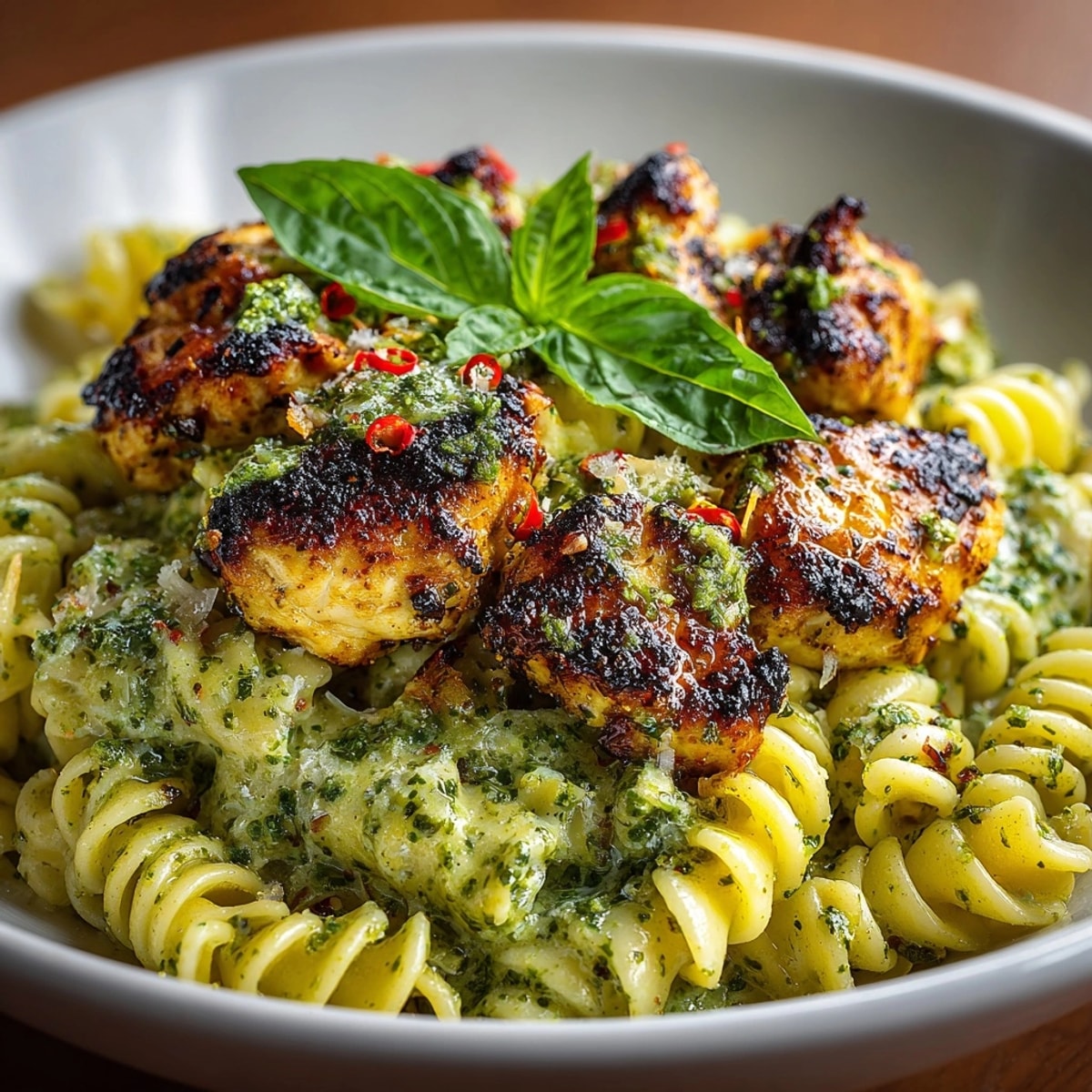 Creamy Pesto Chicken Tikka Pasta with fusilli swirled in rich, herbaceous sauce and fresh basil.