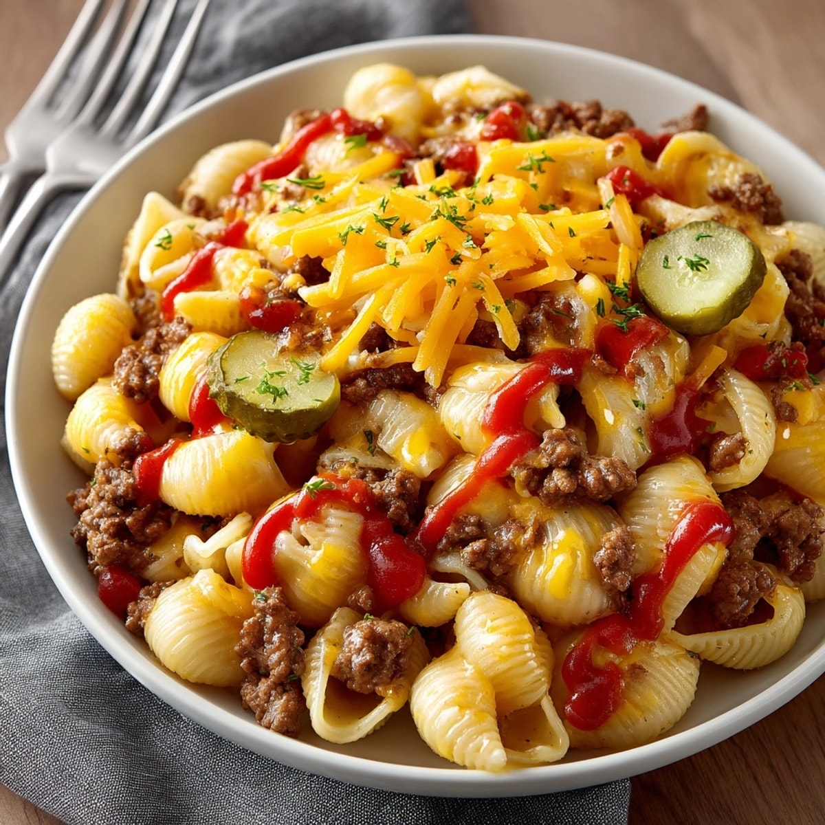 Loaded Cheeseburger Pasta Skillet topped with melty cheddar, pickles, and sesame seeds in a cast iron pan